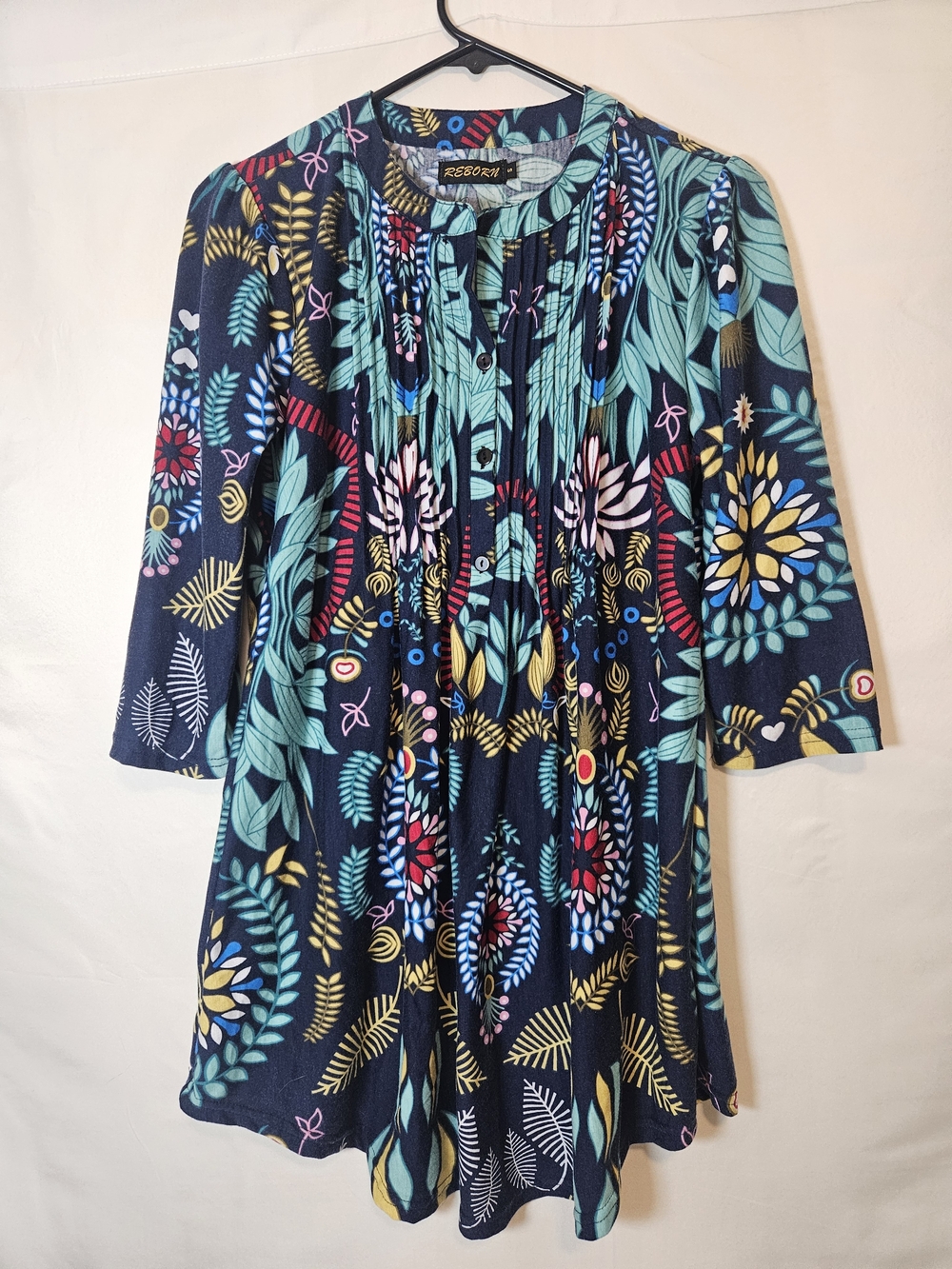 Reborn Navy Floral Mini Dress with Teal, Yellow & Red Accents